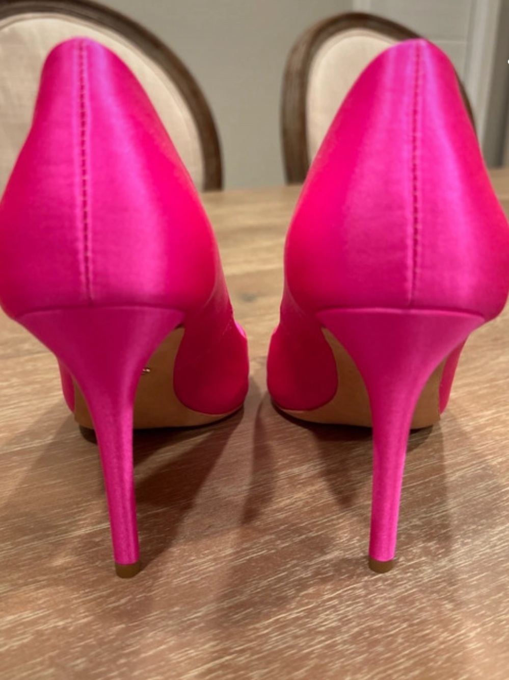 Badgley Mischka Hot Pink Satin Pointed Toe Pumps with Crystal Buckles - Picture 3 of 8
